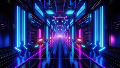 Obraz premium Vibrant neon lights line a modern server room, creating a visually stunning corridor within a futuristic data center.
