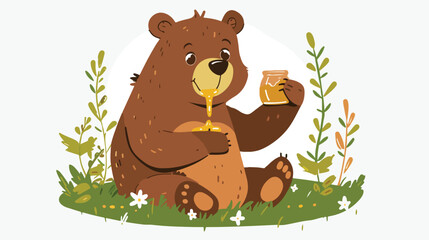 Big brown bear sitting on forest grass holding honey 