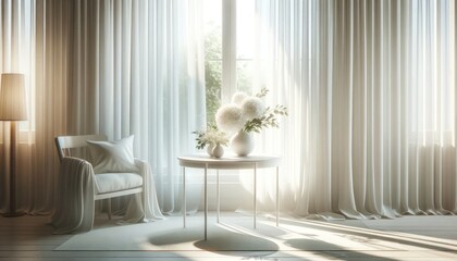 Tranquil room bathed in soft light, featuring a white floral arrangement on a table, creating a serene atmosphere.