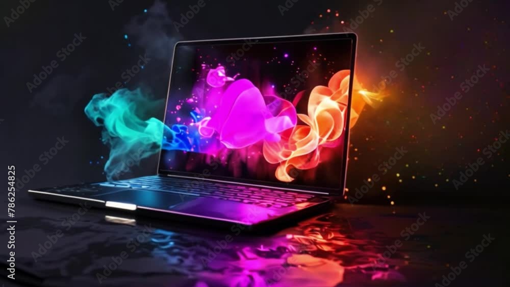 Poster vibrant laptop displaying colorful abstract graphics against dark background