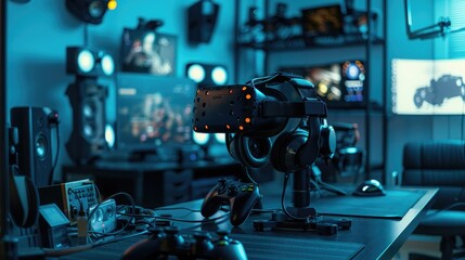 A virtual reality gaming setup, with a headset, controllers, and sensors,