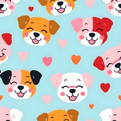 seamless pattern of cute dog faces in pastel colors
