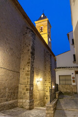 Alcalá del Júcar at night, located on the Júcar River, cave houses roman bridge, castle, Church of San Andrés Apóstol