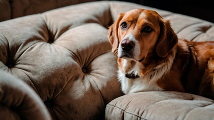 Cute dog laying on the sofa pillows. Beautiful pup close-up portrait animal photography illustration wallpaper concept.
