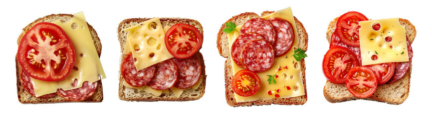 set of sandwich with salami, tomato and cheese, top view