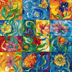 Renaissance artist inspired style tile pattern, bright colors, beautiful art