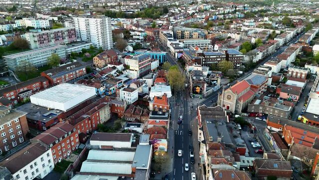Stokes Croft, Bristol, UK by 4K drone view. Bars, clubs, street art, shops, and restaurants.