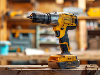 A cordless yellow and black power drill stands on a wooden surface in a workshop.
