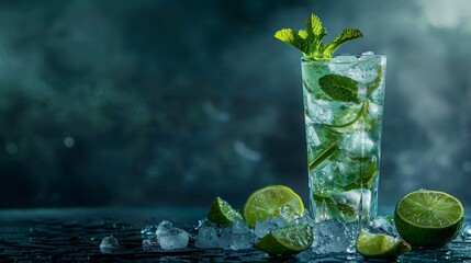 An elegant cocktail photograph featuring a refreshing mojito served in a tall glass, with sparkling clear ice cubes, muddled mint leaves, zesty lime wedges.