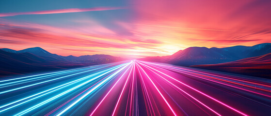 Streaking neon lines on a futuristic highway, suitable for a highspeed electric vehicle adgradient scheme - obrazy, fototapety, plakaty