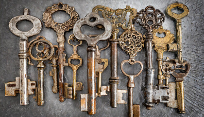 Fototapeta na wymiar viele verschiedene alte rustikale Schlüssel, formatfülle