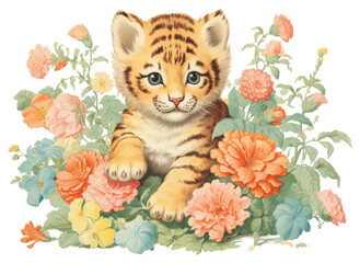 PNG Baby tiger in flower garden pattern animal mammal.