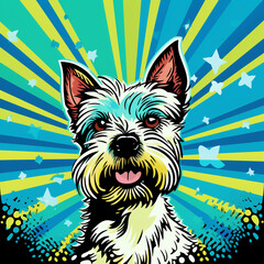 dog in pop art style with green and blue background, in the style of god rays сreated with Generative Ai