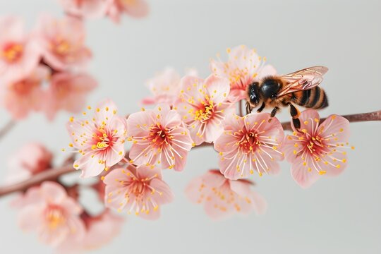 Close-up of an apple tree branch in flowers, a bee sits on a flower, diligently busy with its work collecting pollen, pollination of an apple tree flower, nature in spring. Bright sunny day. Generativ