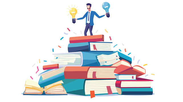 Business man standing on top of big pile of books hold