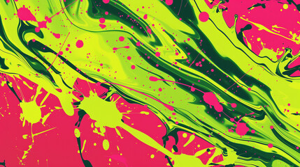 Bold chartreuse to neon green with hot pink, suggesting vibrant movement.