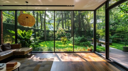 Modern sunroom architecture framing the lush greenery of the garden outside.