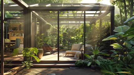 Modern sunroom seamlessly blending with the natural beauty of the garden.