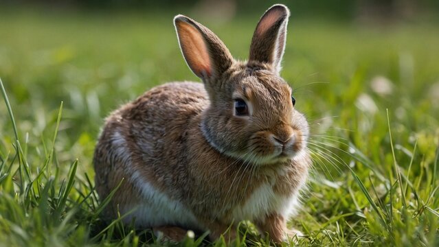 Cute little rabbit hare sitting on green grass field meadow. Beautiful bunny portrait wildlife animal photography illustration wallpaper concept.