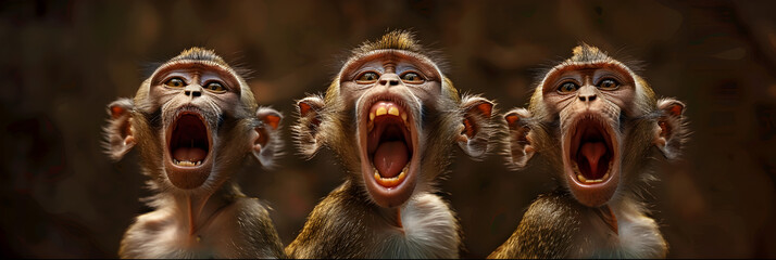 A group of macaques, Cute monkey in the wild screaming wet playful and furry by artificial intelligence. 

 - obrazy, fototapety, plakaty