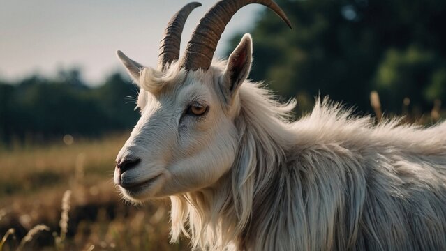 Beautiful portrait of hornes white goat. Domestic animal mammal pet wildlife photography illustration. Capra hircus.