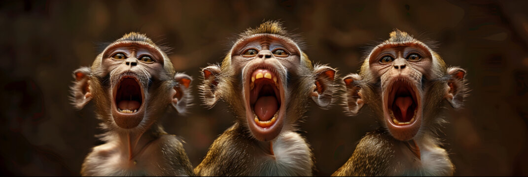 A group of macaques, Cute monkey in the wild screaming wet playful and furry by artificial intelligence. 

