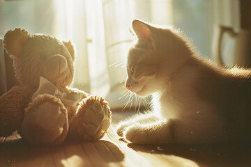 A kitten beside a teddy bear in warm sunlight