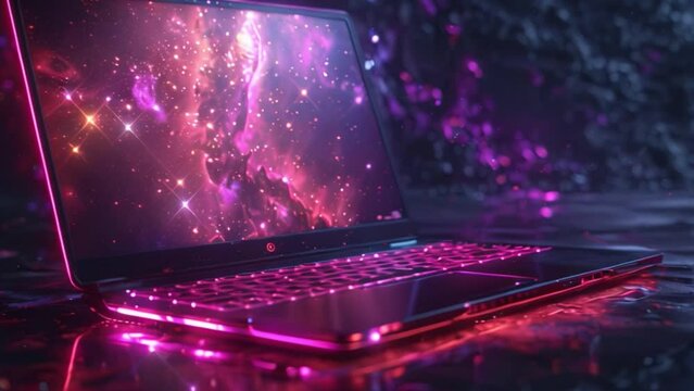 Glowing Laptop With Cosmic Background on Desk at Night
