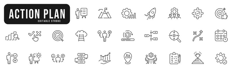 Set of action plan related line icons. Strategy, plan, action, target, goal etc. Editable stroke