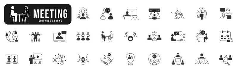 Set of meeting related icons. Conference, team, group, presentation etc.