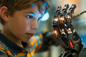 close-up of the wonder on an elementary schoolboy's face as he interacts with a robotic hand, highlighting the excitement of hands-on learning in science.