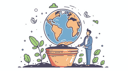 Businessman gardening world earth globe in pot for mon