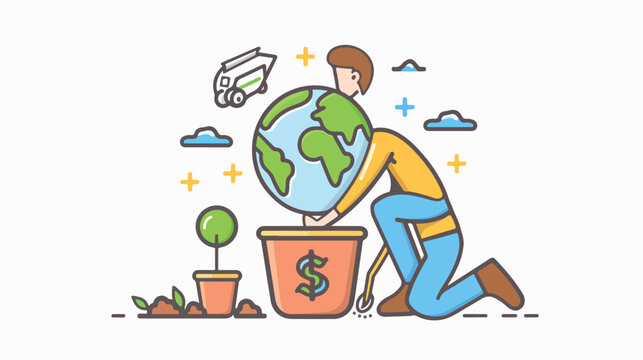 Businessman gardening world earth globe in pot for mon