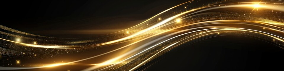Fototapeta na wymiar Golden wave with sparkles on dark background. Glowing gold lines. Luxury background.
