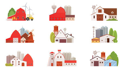 Farm buildings of agricultural complex set. Rural houses of modern village collection, factory warehouse for wheat harvest storage and distribution, barn and air turbines cartoon vector illustration