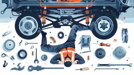 Car mechanic lying down under auto underbody doing rep - obrazy, fototapety, plakaty