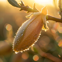 closeup of an almond fruit with droplets of dew rolling off in in the light of dawn, on an almond...