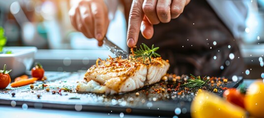 Chef grilling fish fillet in butter lemon or cajun sauce with herbs for gourmet dining experience