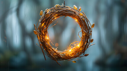 A close up of a wood twig dream catcher hanging,
Christmas lights bokeh background Illustration