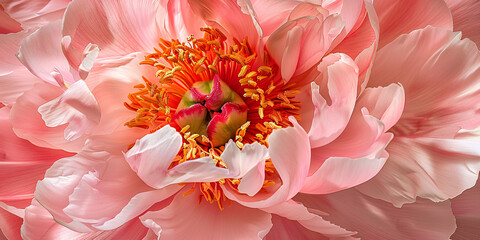 Close up of inside of pink colored peony spring flower i
