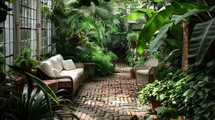 Fototapeta na wymiar Tranquil conservatory space inviting relaxation amidst lush garden greenery.