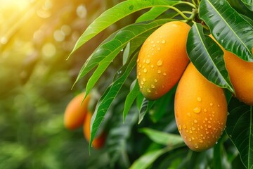 Macro close up of ripe mango fruit with dew drops hanging on tree, wide banner with space for text
