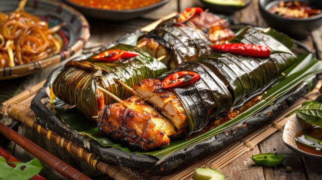 Asian cuisine featuring a variety of wok fried BBQ grilled seafood dishes served with spicy onion and chili sambal sauce wrapped in banana leaves at a high end halal and vegan dining establ