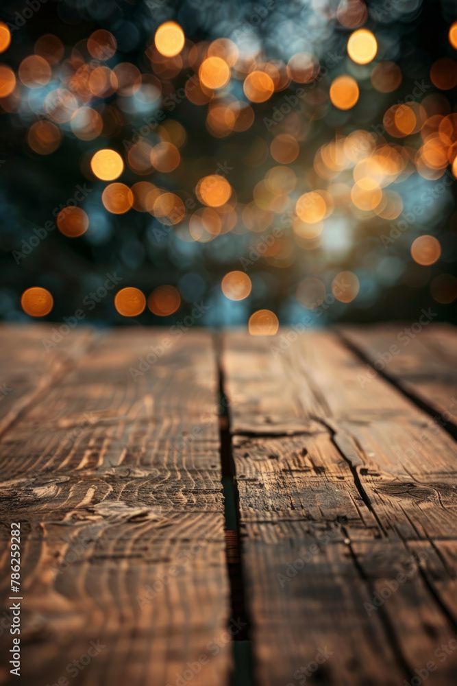 Aufkleber an empty wooden table with a blurred background featuring bokeh lights, creating a cozy and warm atm