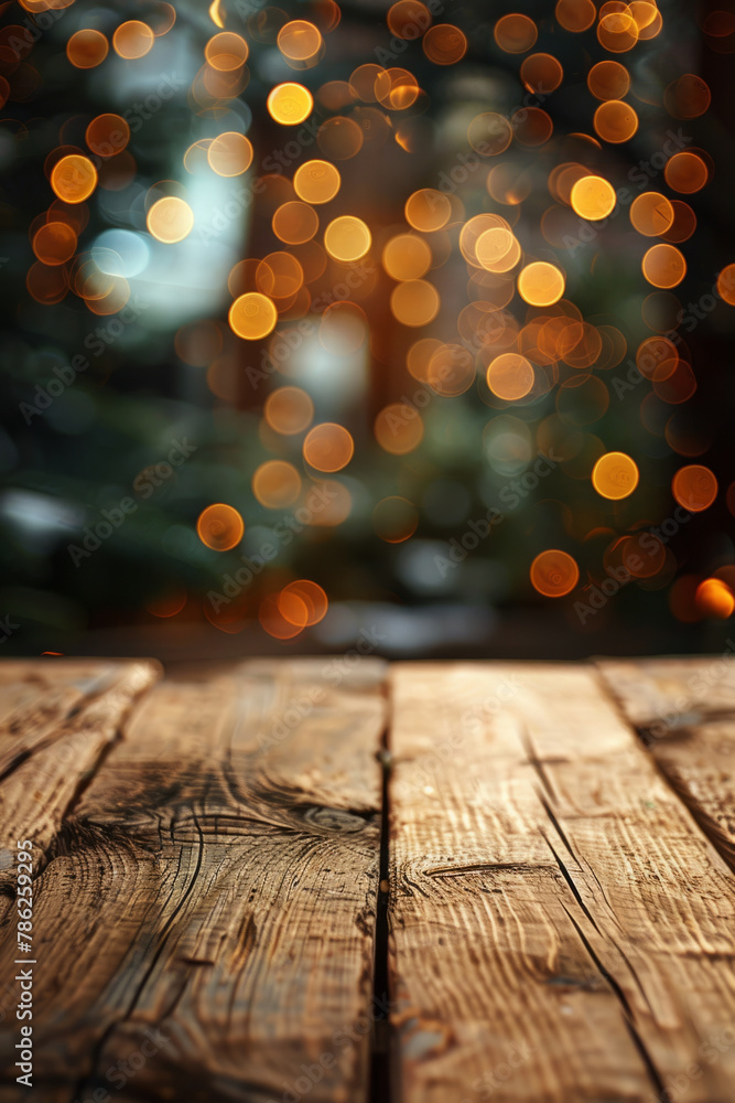 Poster a simple wooden table set against a blurred background filled with twinkling bokeh lights.