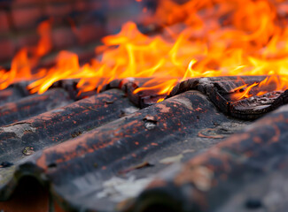 Close-up of intense flames on roofing tiles, fire damage concept.
