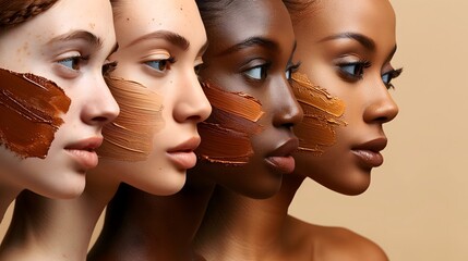 A powerful representation of diversity and beauty featuring women of different ethnicities, each with a bold stroke of foundation on their cheek, showcasing the art of makeup across skin tones. - obrazy, fototapety, plakaty