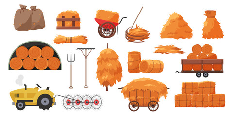 Collection, storage and transportation of dry hay and straw set. Haystacks of wheat or grass crop of round and square shape, hayloft and pitchfork, tractor and wheelbarrow cartoon vector illustration