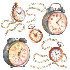 Set of retro alarm clock and pocket watches. Isolated watercolor hand painted illustrations.