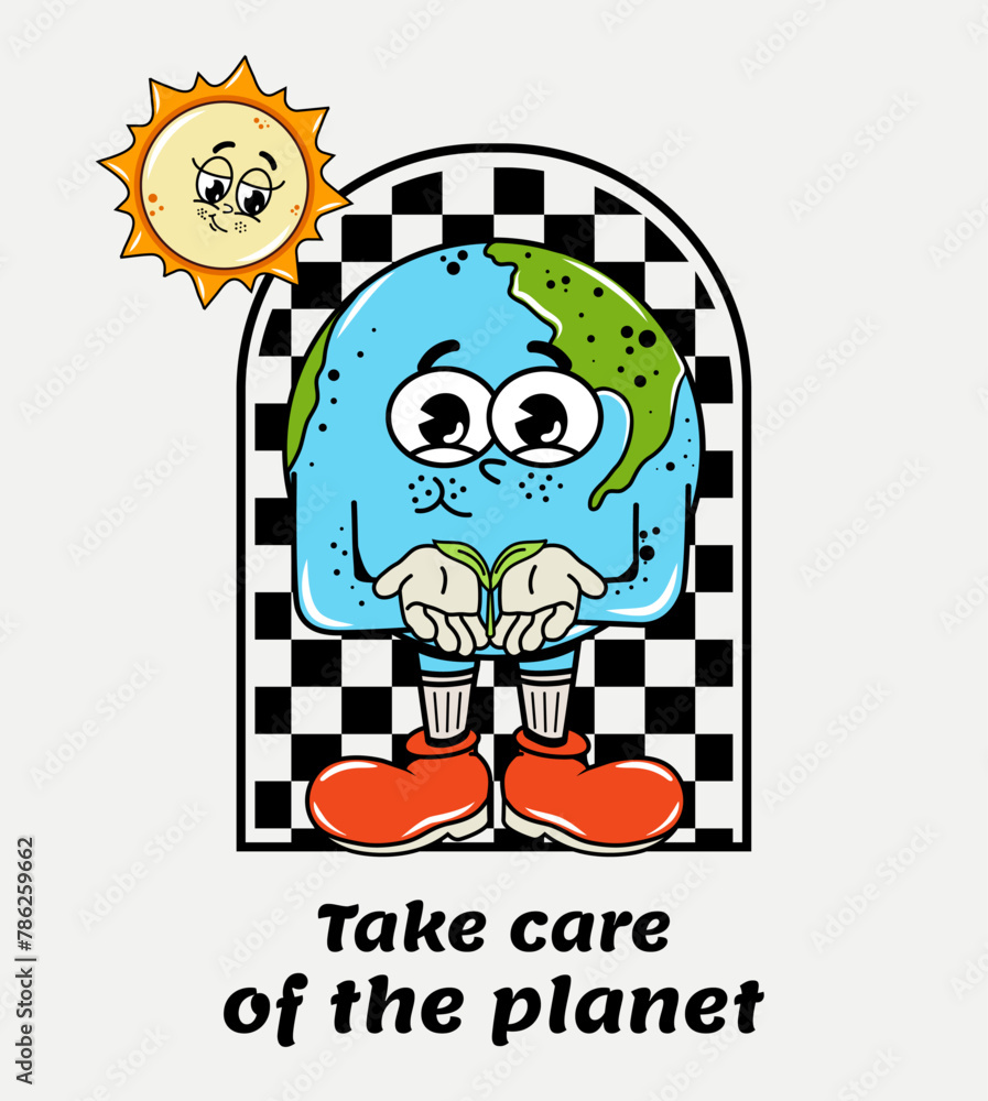 Poster trendy character in groovy style. elements of y2k design. environment. preserving the planet. earth 